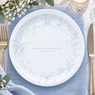 Classic Vintage Dusty Blue Floral Wreath Wedding Paper Plates