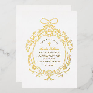 Classic Vintage Frame Baptism Gold Foil Invitation