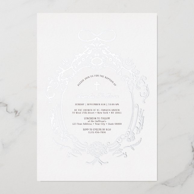 Classic Vintage Frame Baptism Silver Foil Invitation (Front)