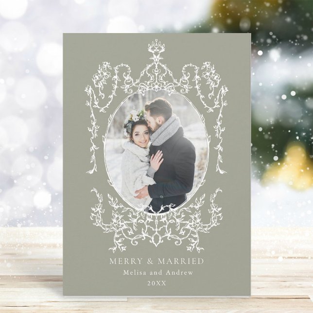 Classic Vintage Frame Photo Neutral Green Holiday Card (Creator Uploaded)