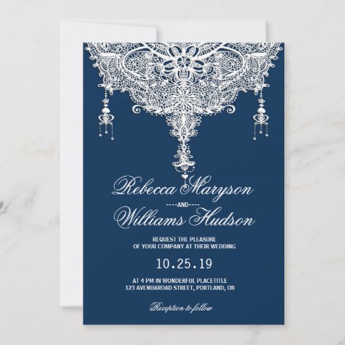 Classic Vintage French Lace on Navy Blue Wedding Invitation