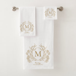 Classic Vintage Gold Floral Crest Monogram Bath Towel Set