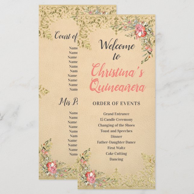 Classic Vintage Gold Floral Quinceañera Program (Front/Back)