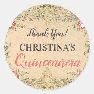 Classic Vintage Gold Floral Quinceanera Thank You Round Sticker