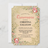 Classic Vintage Gold Pink Floral Quinceanera Invitation (Front)