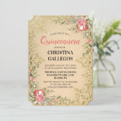Classic Vintage Gold Pink Floral Quinceanera Invitation (Standing Front)