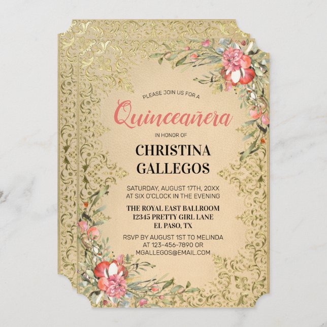 Classic Vintage Gold Pink Floral Quinceanera Invitation (Front/Back)