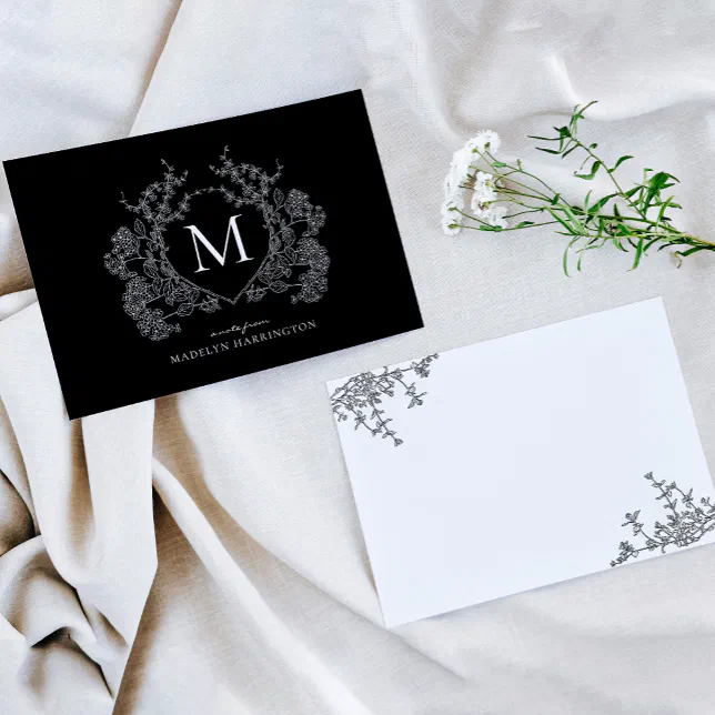 Classic Vintage Gothic Black Floral Crest Monogram Note Card | Zazzle