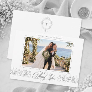 Classic Vintage Gray Black Floral Wedding Photo Thank You Card