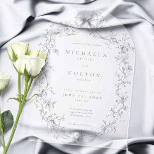 Classic Vintage Gray Black Floral Wreath Wedding Acrylic Invitations