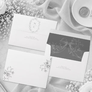 Classic Vintage Gray Black Floral Wreath Wedding Envelope