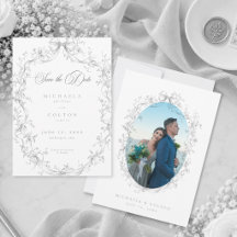 Classic Vintage Gray Black Wreath Photo Save Date