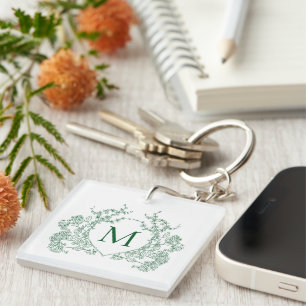 Classic Vintage Green Floral Crest Monogram Keychain