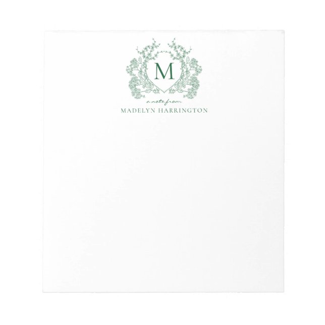 Classic Vintage Green Floral Crest Monogram Notepad (Front)