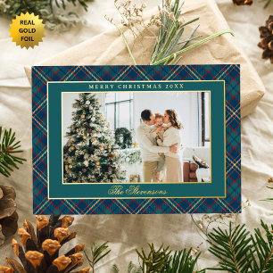 Classic Vintage Green Plaid Photo Christmas Gold Foil Holiday Card