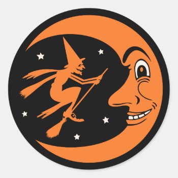 Classic Vintage Halloween Moon And Witch Classic Round Sticker by Vintage_Halloween at Zazzle