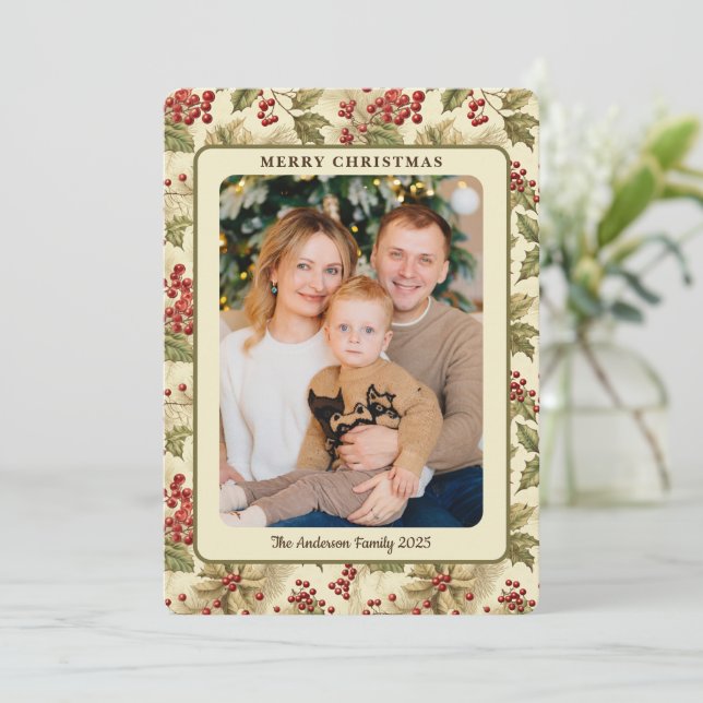 Classic Vintage Holly Berries Photo Christmas Holiday Card (Standing Front)