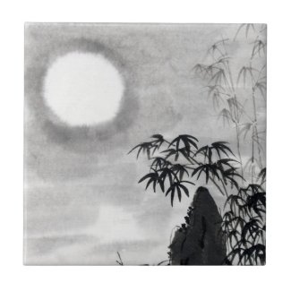 Classic vintage japanese night moon scenery sumi-e ceramic tile