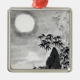 Classic vintage japanese night moon scenery sumi-e metal ornament