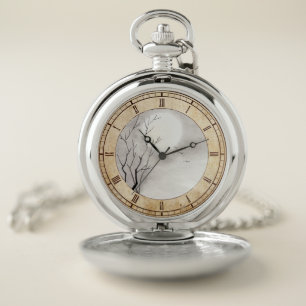 Classic vintage japanese night moon scenery sumi-e pocket watch