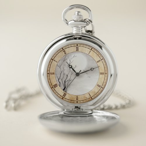 Classic vintage japanese night moon scenery sumi_e pocket watch