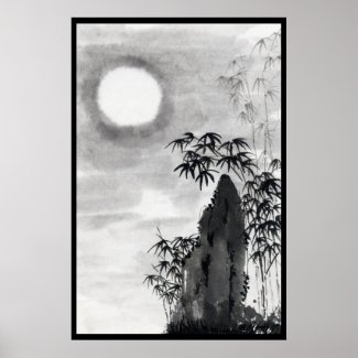 Classic vintage japanese night moon scenery sumi-e poster