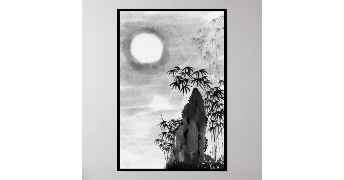 Classic vintage japanese night moon scenery sumi-e poster | Zazzle