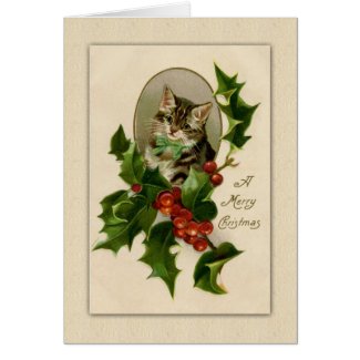 Classic Vintage Kitty and Holly Christmas Card 