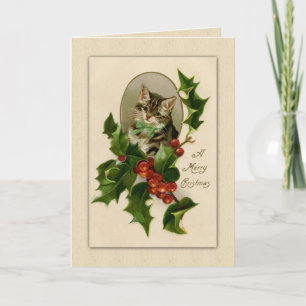 Classic Vintage Kitty and Holly Christmas Holiday Card