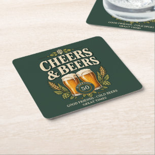 Classic Vintage Men's Cheers & Beers 50th Birthday Square Paper Coaster