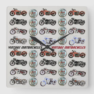 CLASSIC VINTAGE MOTORCYCLES AND METAL SKULLS SQUARE WALL CLOCK