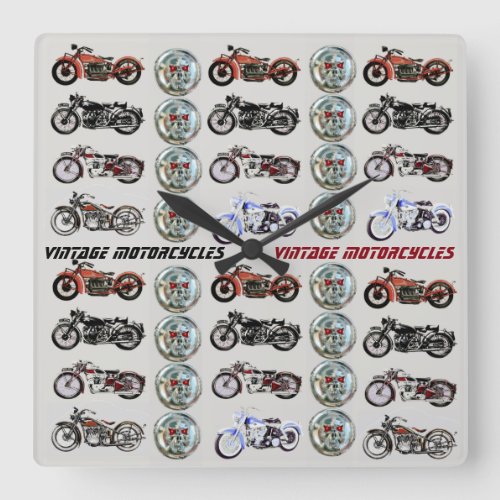 CLASSIC VINTAGE MOTORCYCLES AND METAL SKULLS SQUARE WALL CLOCK