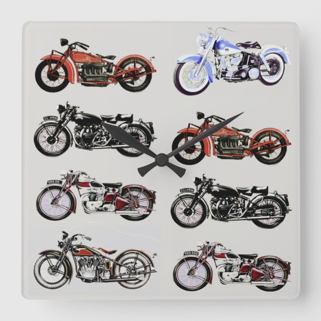 CLASSIC VINTAGE MOTORCYCLES SQUARE WALL CLOCK (Front)