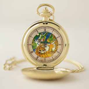 Classic Vintage oriental Yin Yang Dragon Tiger art Pocket Watch