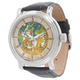 Classic Vintage oriental Yin Yang Dragon Tiger art Wrist Watch