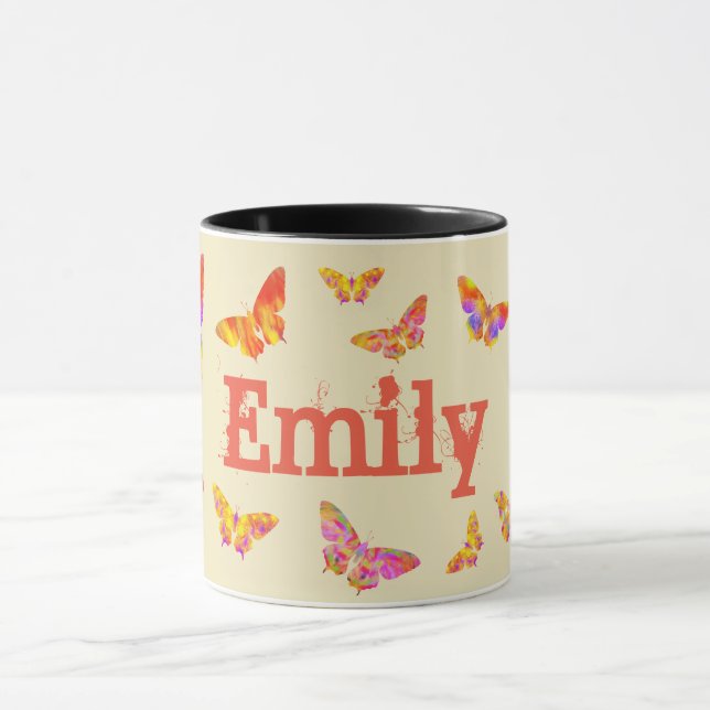 Classic Vintage Pretty Butterfly Add Name Emily Mug (Center)