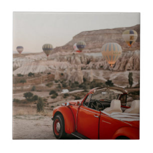 Classic Vintage Red Car Watching Hot Air Balloons Ceramic Tile