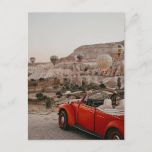 Classic Vintage Red Car Watching Hot Air Balloons Holiday Postcard