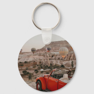 Classic Vintage Red Car Watching Hot Air Balloons Keychain