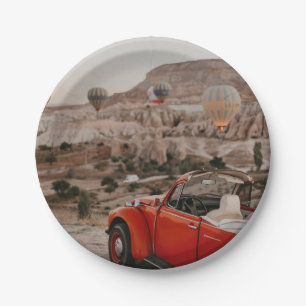 Classic Vintage Red Car Watching Hot Air Balloons  Paper Plates