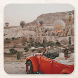 Classic Vintage Red Car Watching Hot Air Balloons  Square Paper Coaster