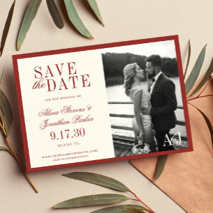 Classic vintage red ivory photo wedding save the date