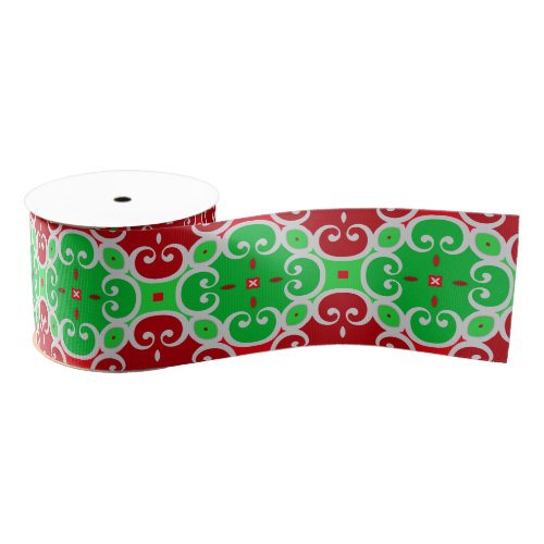 Classic Vintage Red White Green Christmas Pattern Grosgrain Ribbon