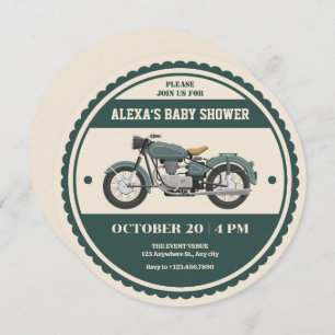 Classic vintage retro green motorcycle baby shower invitation