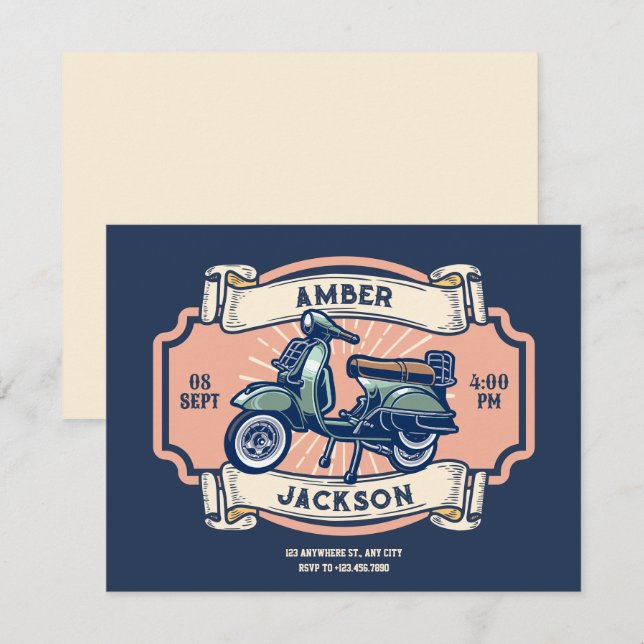 Classic vintage retro motorcycle wedding invitation (Front/Back)