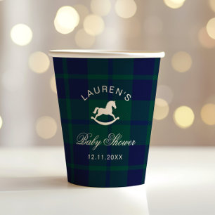 Classic Vintage Rocking Horse Plaid Baby Shower Paper Cups