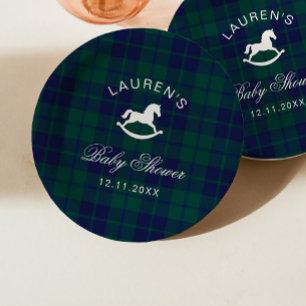 Classic Vintage Rocking Horse Plaid Baby Shower Paper Plates