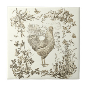 Classic Vintage Rooster Beige Floral Toile Ceramic Tile