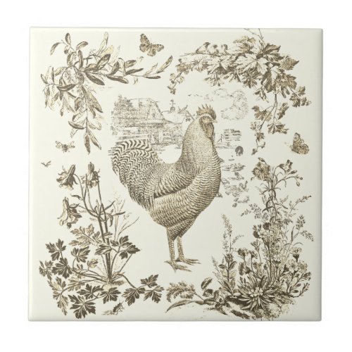 Classic Vintage Rooster Beige Floral Toile  Ceramic Tile