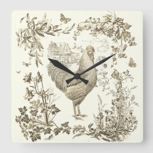 Classic Vintage Rooster Beige Floral Toile  Square Wall Clock